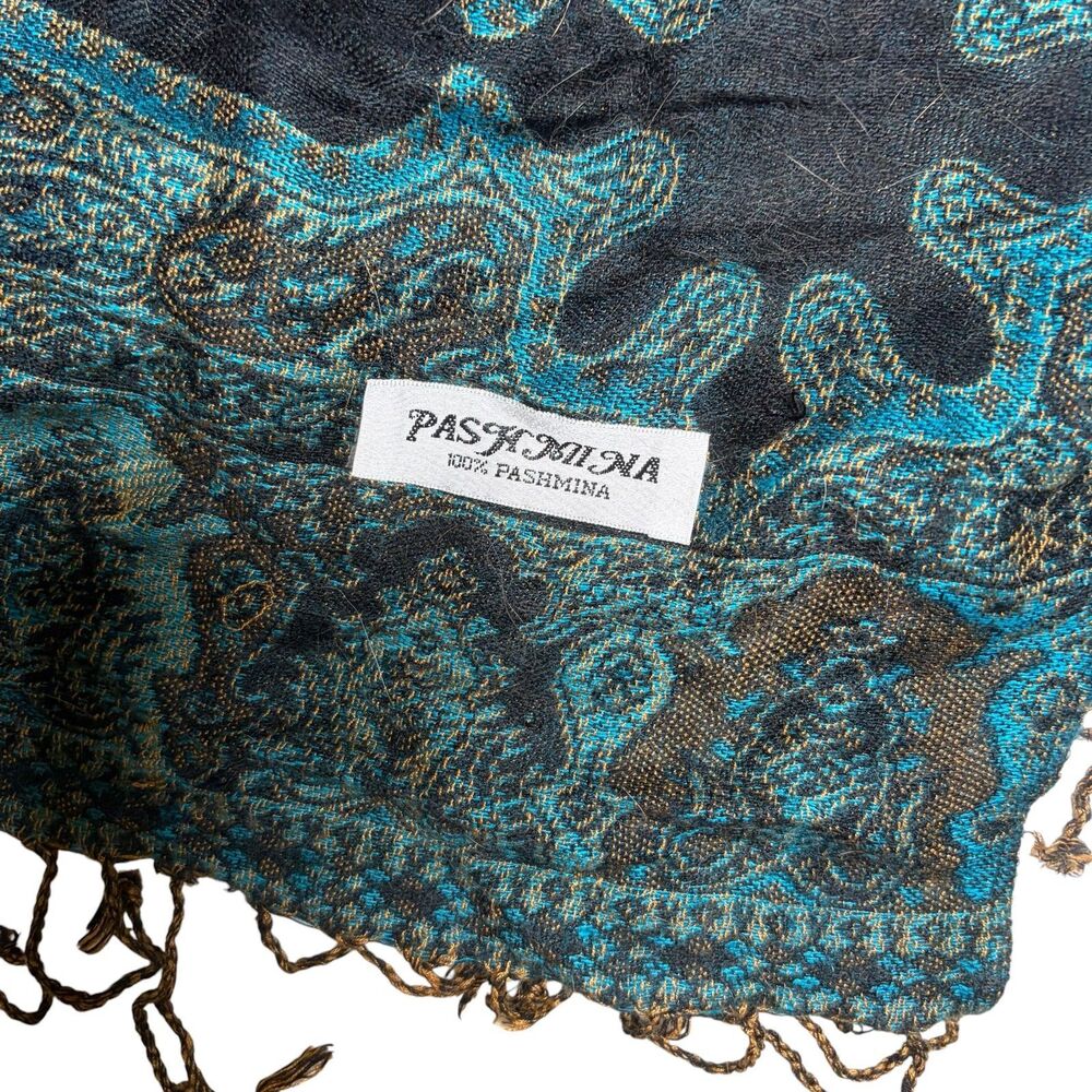 Teal Paisley Pashmina Scarf Shawl Wrap Fringe Boho Made in India